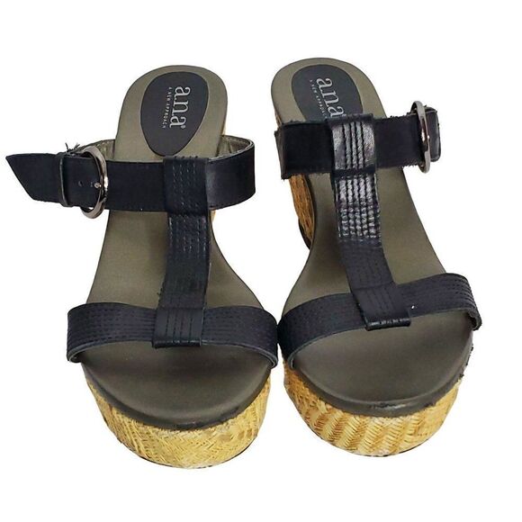 A.N.A. Shoes - Black Leather T Strap Platform Wedge Open Toe Sandals Sz 9.5